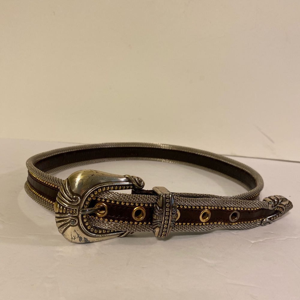 Woman’s fancy brown leather belt with silver metal trim & gold trim, Siz…